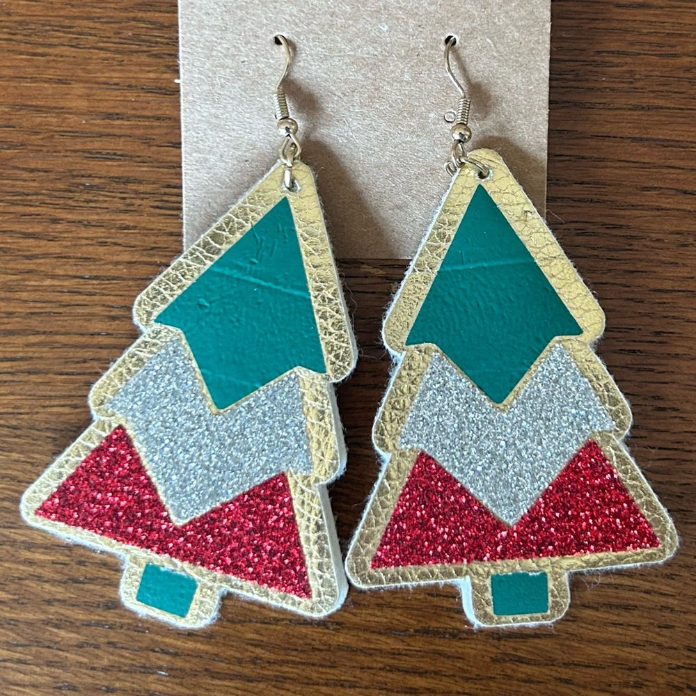 Festive Tree Earrings with Red and Green Accents, NWOT